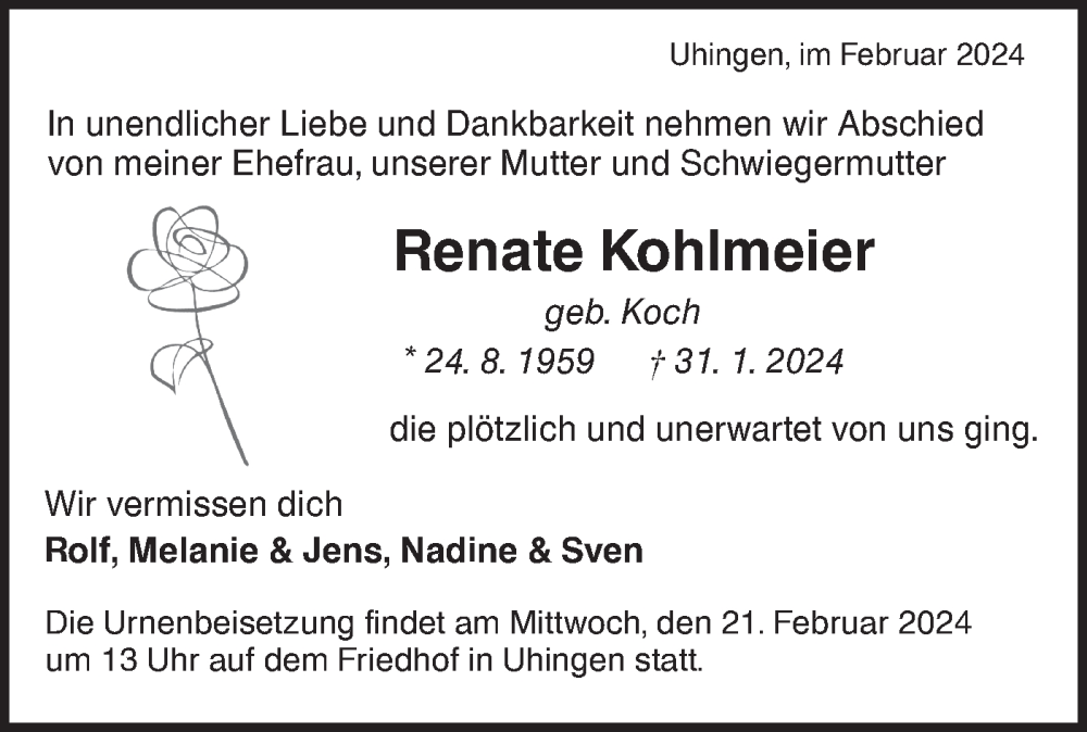  Traueranzeige für Renate Kohlmeier vom 10.02.2024 aus NWZ Neue Württembergische Zeitung