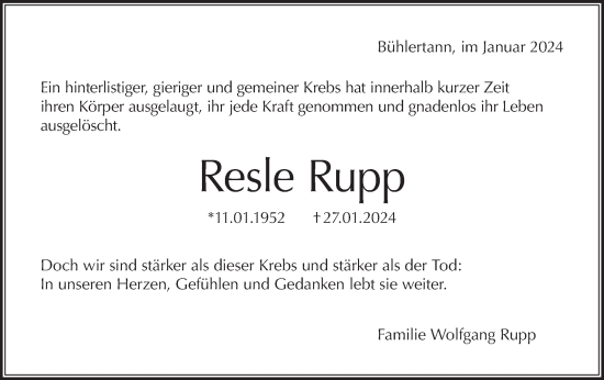 Traueranzeige von Resle Rupp von Haller Tagblatt