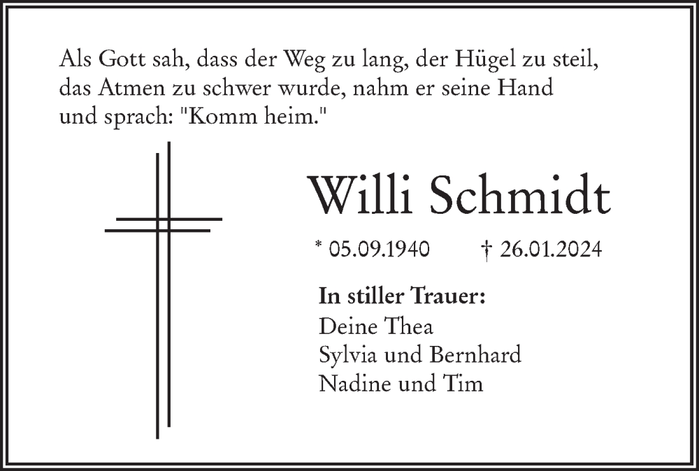  Traueranzeige für Willi Schmidt vom 17.02.2024 aus SÜDWEST PRESSE Ausgabe Ulm/Neu-Ulm
