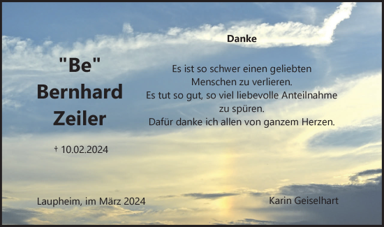 Traueranzeige von Bernhard Zeiler von Ehinger Tagblatt