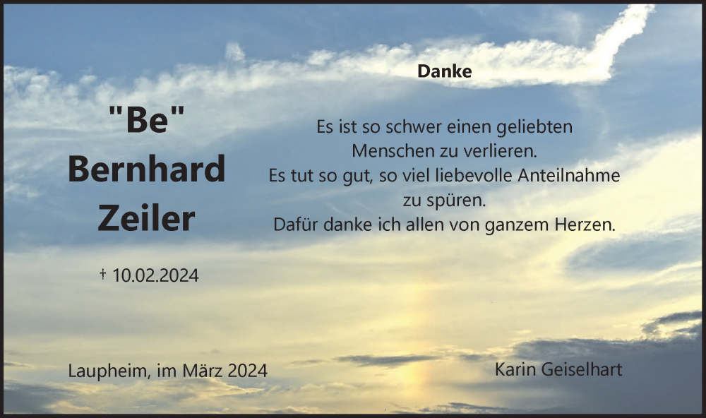  Traueranzeige für Bernhard Zeiler vom 16.03.2024 aus Ehinger Tagblatt