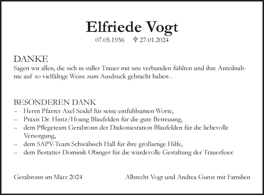  Traueranzeige für Elfriede Vogt vom 09.03.2024 aus Hohenloher Tagblatt