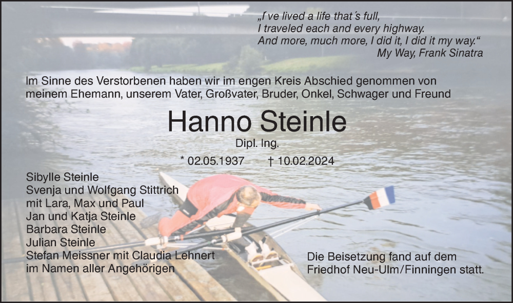  Traueranzeige für Hanno Steinle vom 01.03.2024 aus SÜDWEST PRESSE Ausgabe Ulm/Neu-Ulm