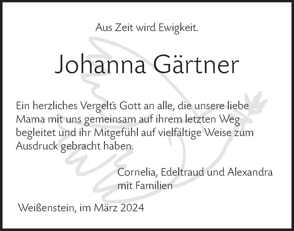  Traueranzeige für Johanna Gärtner vom 16.03.2024 aus NWZ Neue Württembergische Zeitung