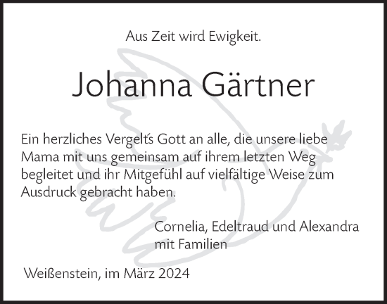 Traueranzeige von Johanna Gärtner von NWZ Neue Württembergische Zeitung