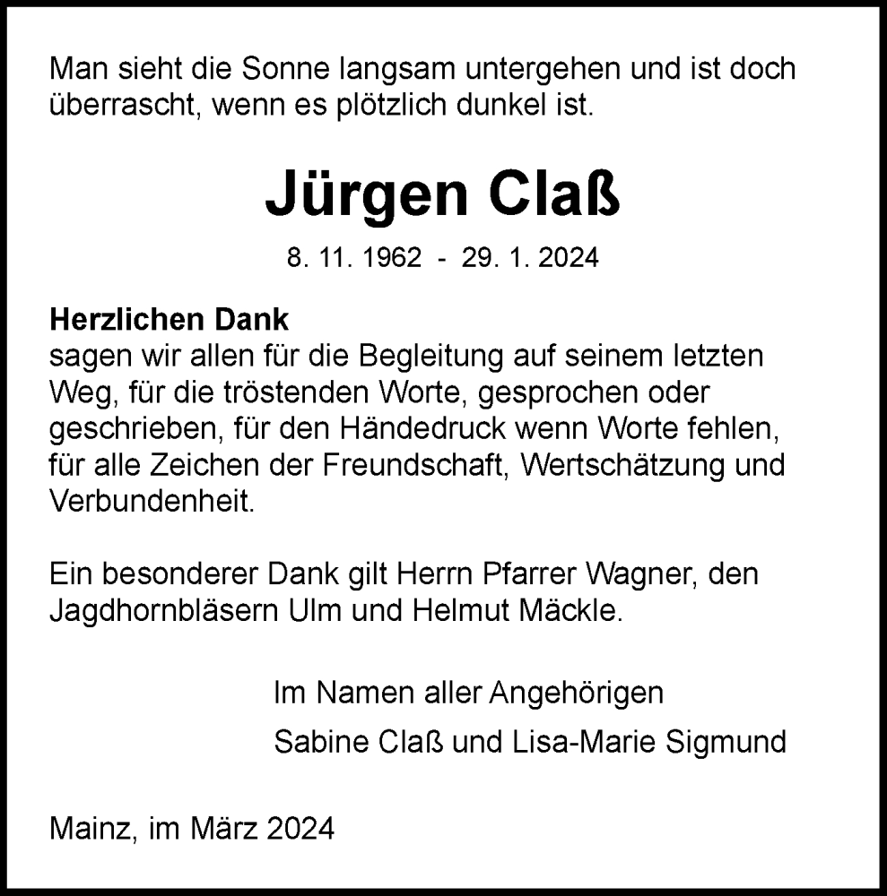  Traueranzeige für Jürgen Claß vom 02.03.2024 aus SÜDWEST PRESSE Ausgabe Ulm/Neu-Ulm