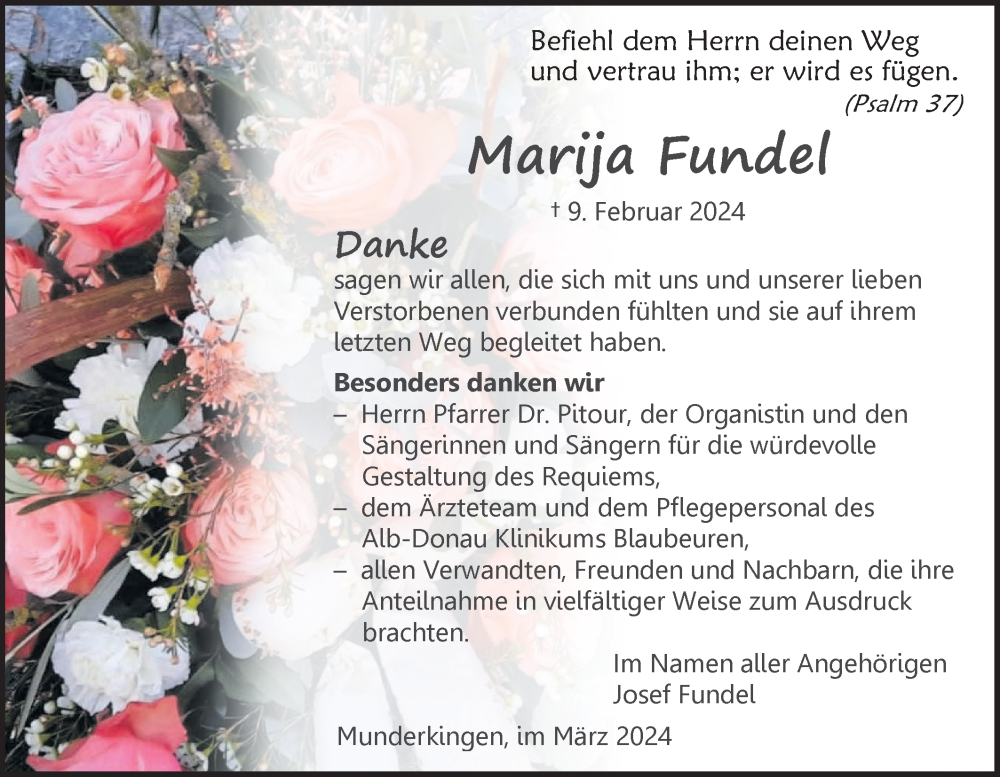  Traueranzeige für Marija Fundel vom 16.03.2024 aus Ehinger Tagblatt