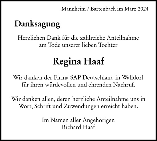 Traueranzeige von Regina Haaf von NWZ Neue Württembergische Zeitung