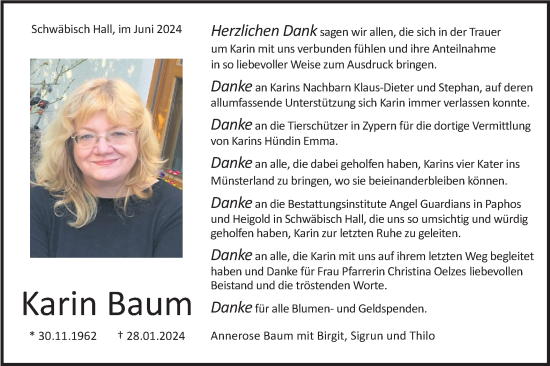 Traueranzeige von Karin Baum von Haller Tagblatt