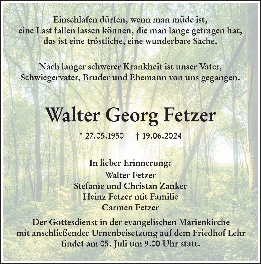  Traueranzeige für Walter Georg Fetzer vom 22.06.2024 aus SÜDWEST PRESSE Ausgabe Ulm/Neu-Ulm