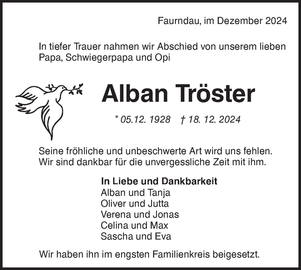  Traueranzeige für Alban Tröster vom 09.01.2025 aus NWZ Neue Württembergische Zeitung