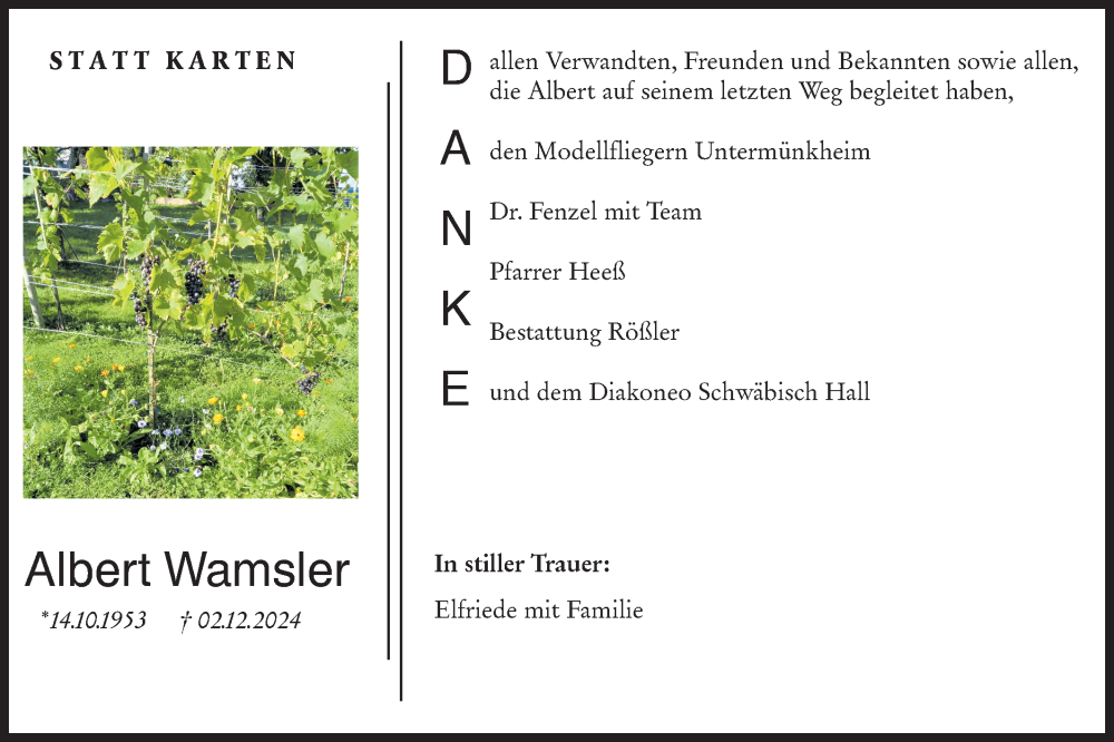  Traueranzeige für Albert Wamsler vom 11.01.2025 aus Haller Tagblatt
