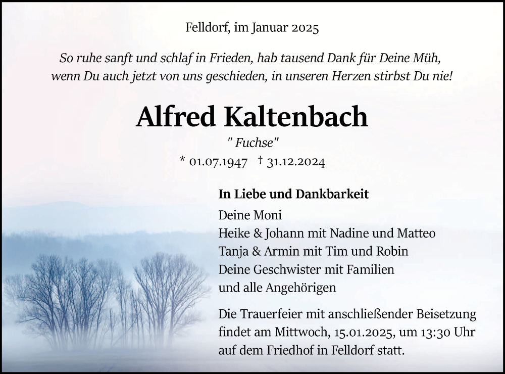  Traueranzeige für Alfred Kaltenbach vom 10.01.2025 aus Neckar-Chronik