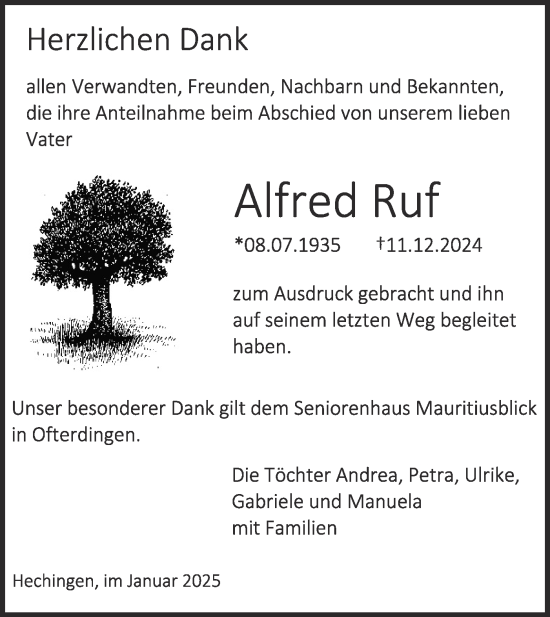 Traueranzeige von Alfred Ruf von SÜDWEST PRESSE Zollernalbkreis/Hohenzollerische Zeitung