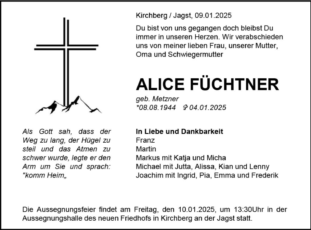  Traueranzeige für Alice Füchtner vom 09.01.2025 aus Hohenloher Tagblatt
