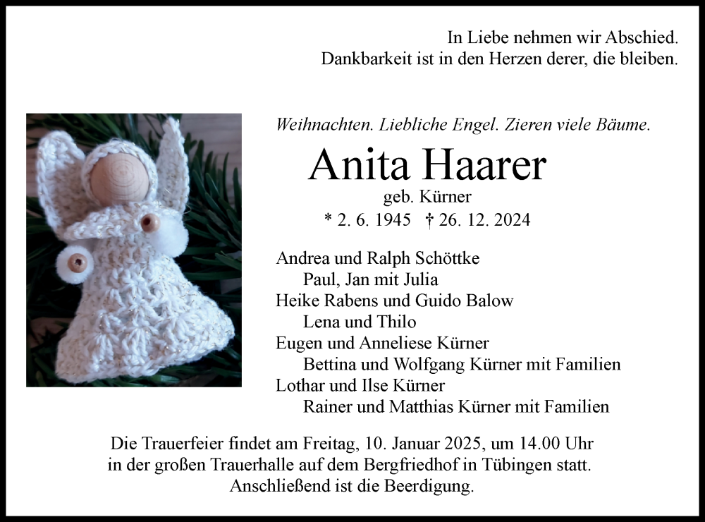  Traueranzeige für Anita Haarer vom 04.01.2025 aus Schwäbische Tagblatt