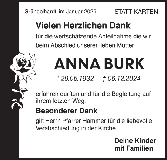 Traueranzeige von Anna Burk von Hohenloher Tagblatt