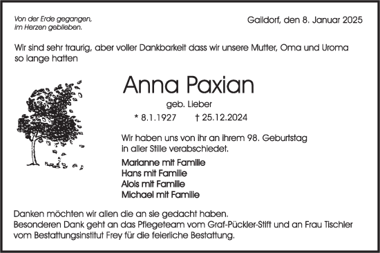Traueranzeige von Anna Paxian von Rundschau Gaildorf