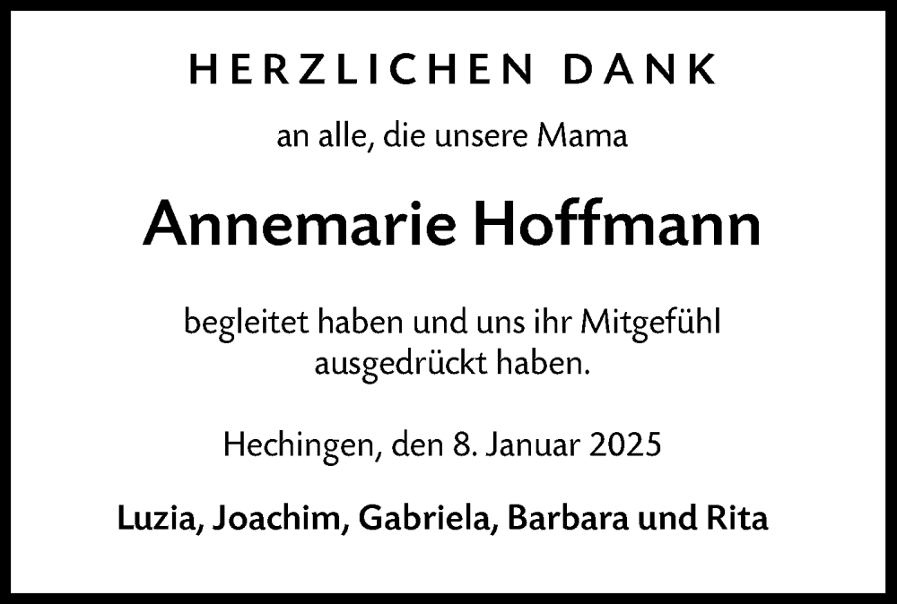  Traueranzeige für Annemarie Hoffmann vom 08.01.2025 aus SÜDWEST PRESSE Zollernalbkreis/Hohenzollerische Zeitung