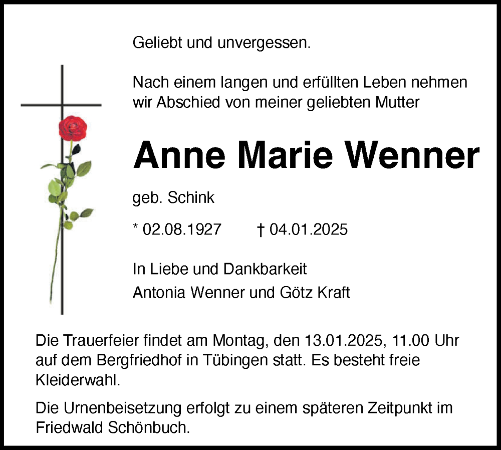  Traueranzeige für Anne Marie Wenner vom 09.01.2025 aus Schwäbische Tagblatt
