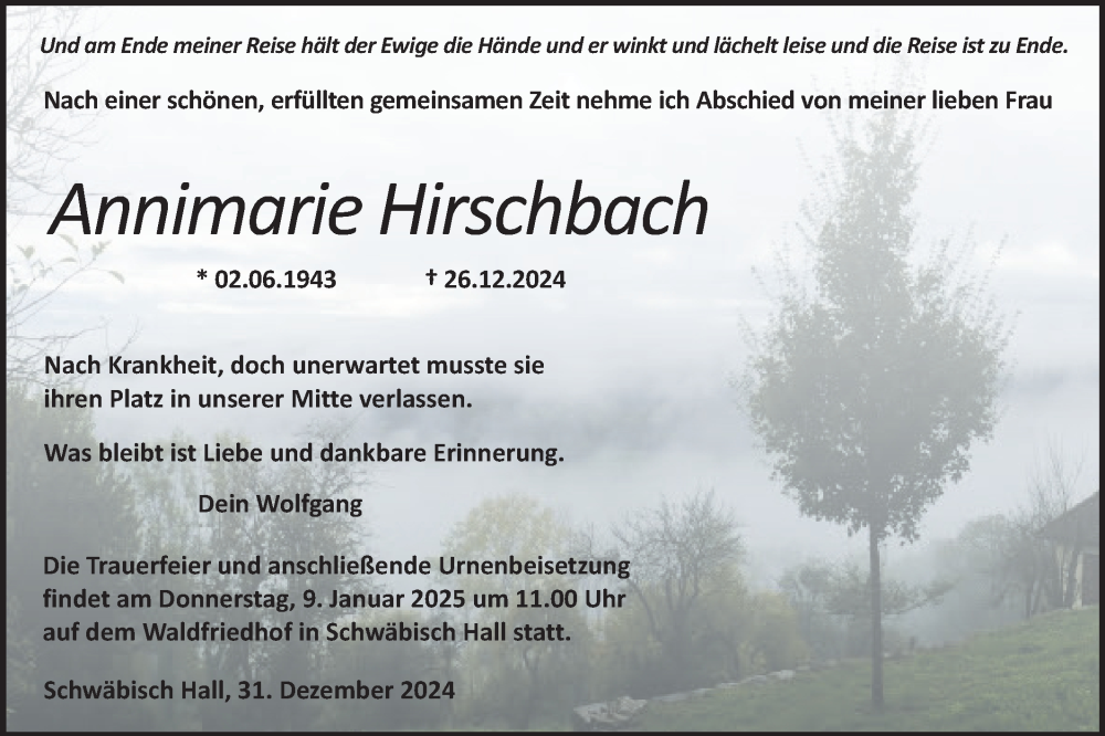  Traueranzeige für Annimarie Hirschbach vom 31.12.2024 aus Haller Tagblatt