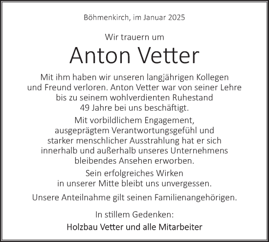 Traueranzeige von Anton Vetter von Geislinger Zeitung