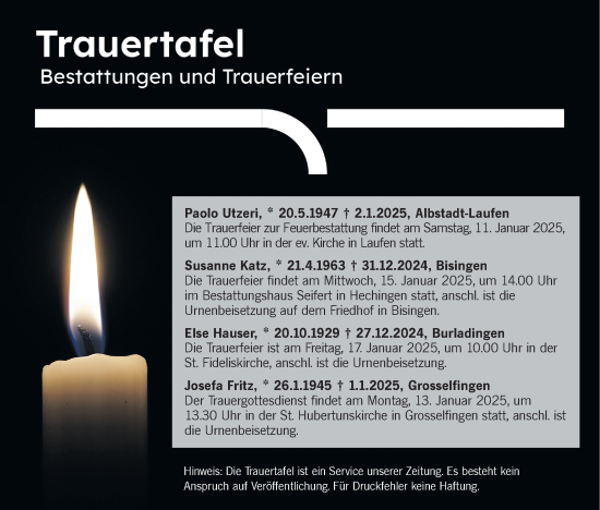 Traueranzeige von Bestattungen vom 10.01.2025 von SÜDWEST PRESSE Zollernalbkreis/Hohenzollerische Zeitung