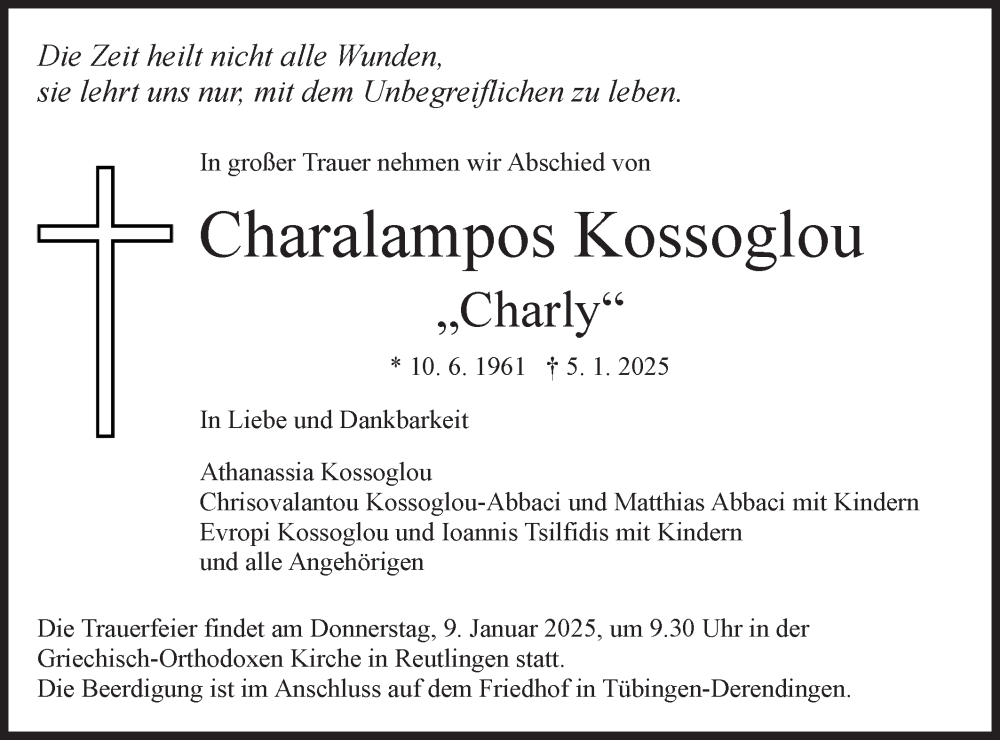  Traueranzeige für Charalampos Kossoglou vom 08.01.2025 aus Schwäbische Tagblatt