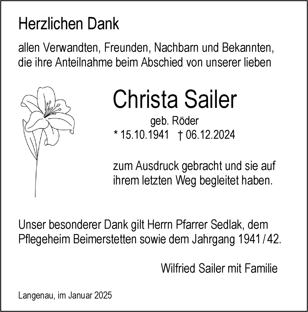  Traueranzeige für Christa Sailer vom 08.01.2025 aus SÜDWEST PRESSE Ausgabe Ulm/Neu-Ulm