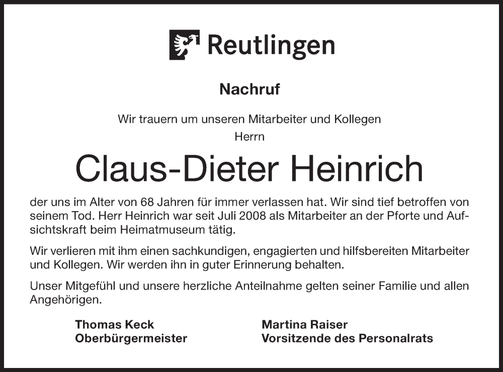  Traueranzeige für Claus-Dieter Heinrich vom 08.01.2025 aus Alb-Bote/Metzinger-Uracher Volksblatt