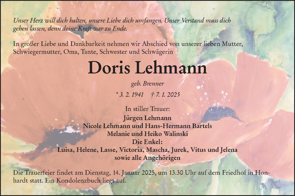  Traueranzeige für Doris Lehmann vom 10.01.2025 aus Hohenloher Tagblatt