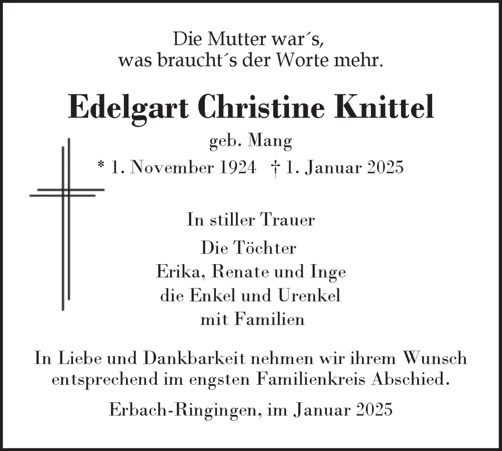  Traueranzeige für Edelgart Christine Knittel vom 10.01.2025 aus SÜDWEST PRESSE Ausgabe Ulm/Neu-Ulm