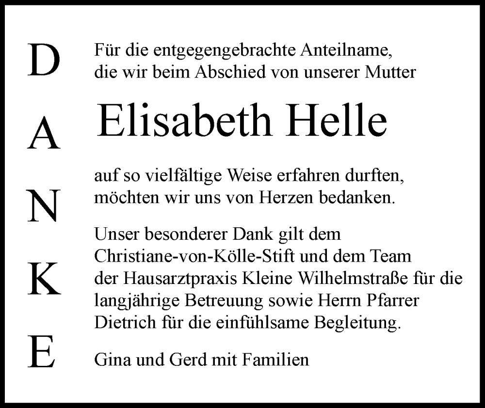  Traueranzeige für Elisabeth Helle vom 10.01.2025 aus Schwäbische Tagblatt