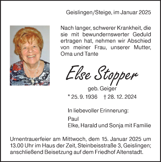 Traueranzeige von Elsa Stopper von Geislinger Zeitung