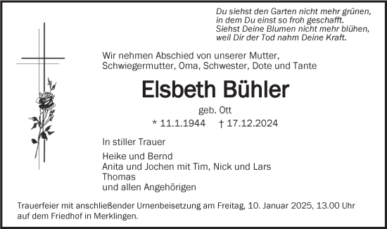 Traueranzeige von Elsbeth Bühler von SÜDWEST PRESSE Ausgabe Ulm/Neu-Ulm