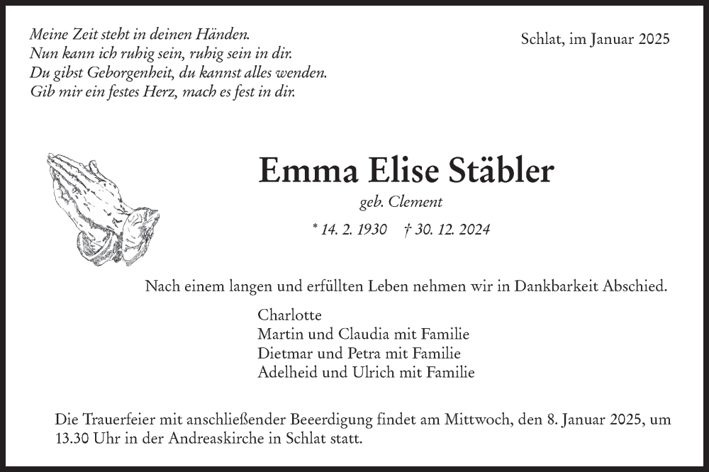  Traueranzeige für Emma Elise Stäbler vom 03.01.2025 aus NWZ Neue Württembergische Zeitung