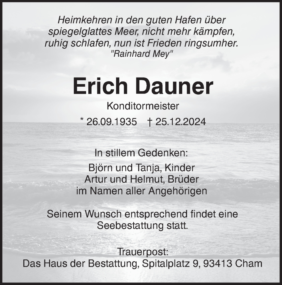  Traueranzeige für Erich Dauner vom 04.01.2025 aus SÜDWEST PRESSE Ausgabe Ulm/Neu-Ulm