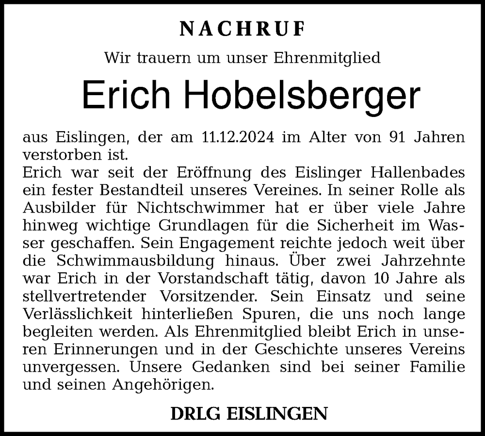  Traueranzeige für Erich Hobelsberger vom 04.01.2025 aus NWZ Neue Württembergische Zeitung