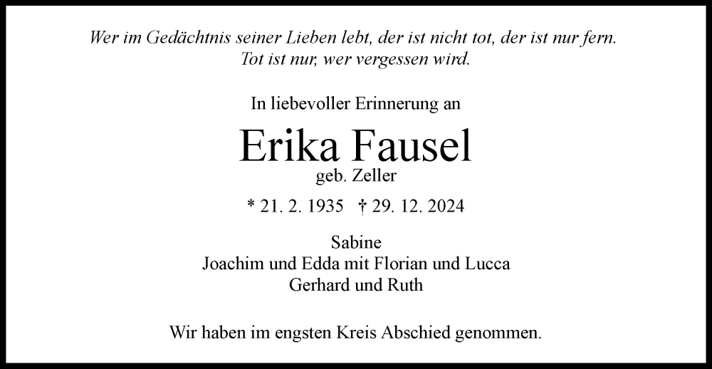  Traueranzeige für Erika Fausel vom 10.01.2025 aus Schwäbische Tagblatt
