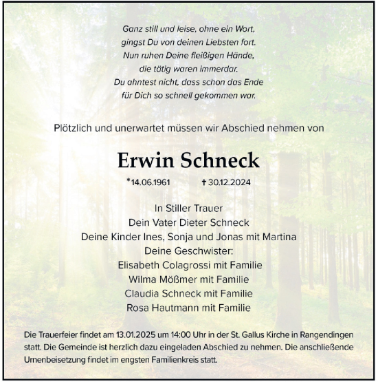 Traueranzeige von Erwin Schneck von SÜDWEST PRESSE Zollernalbkreis/Hohenzollerische Zeitung