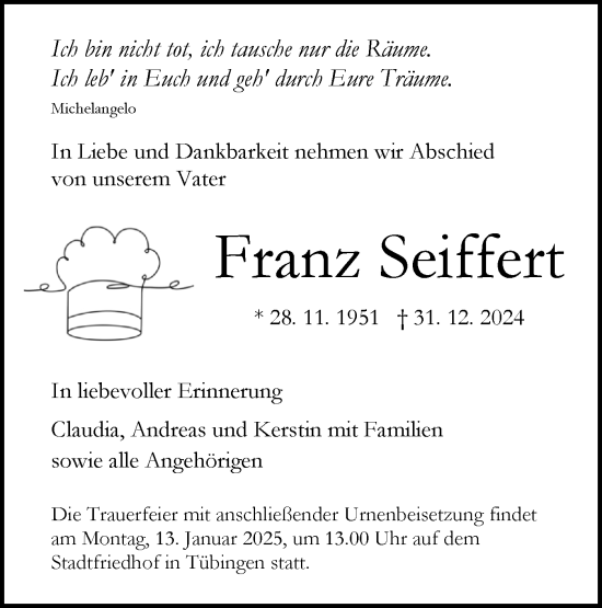 Traueranzeige von Franz Seiffert von Schwäbische Tagblatt