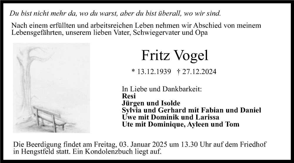  Traueranzeige für Fritz Vogel vom 31.12.2024 aus Hohenloher Tagblatt