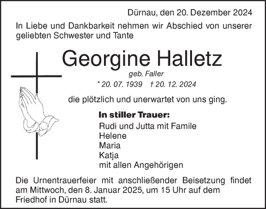 Traueranzeige von Georgine Halletz von NWZ Neue Württembergische Zeitung