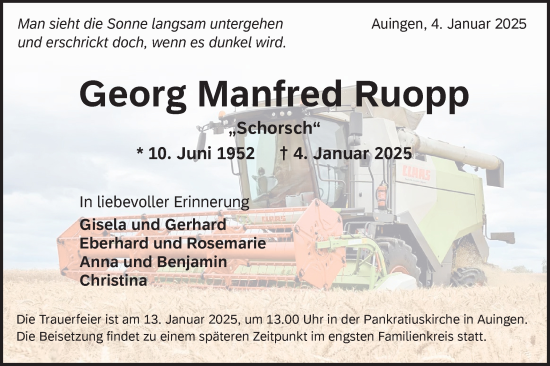 Traueranzeige von Georg Manfred Ruopp von Alb-Bote/Metzinger-Uracher Volksblatt