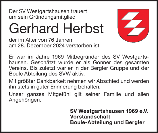 Traueranzeige von Gerhard Herbst von Hohenloher Tagblatt