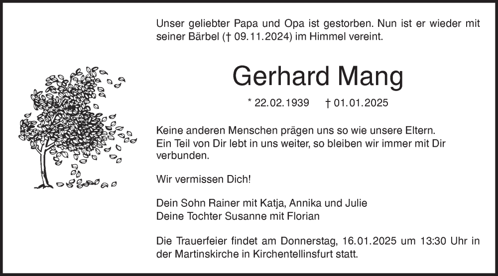  Traueranzeige für Gerhard Mang vom 10.01.2025 aus Schwäbische Tagblatt