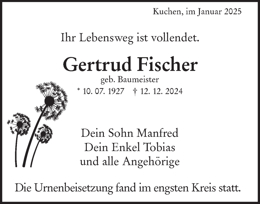  Traueranzeige für Gertrud Fischer vom 08.01.2025 aus NWZ Neue Württembergische Zeitung/Geislinger Zeitung