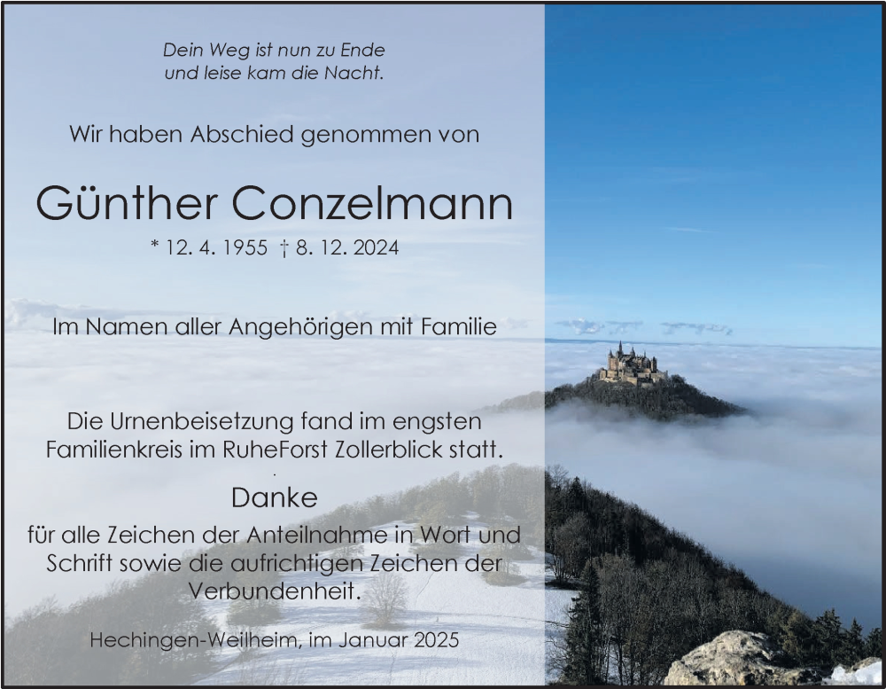  Traueranzeige für Günther Conzelmann vom 08.01.2025 aus SÜDWEST PRESSE Zollernalbkreis/Hohenzollerische Zeitung