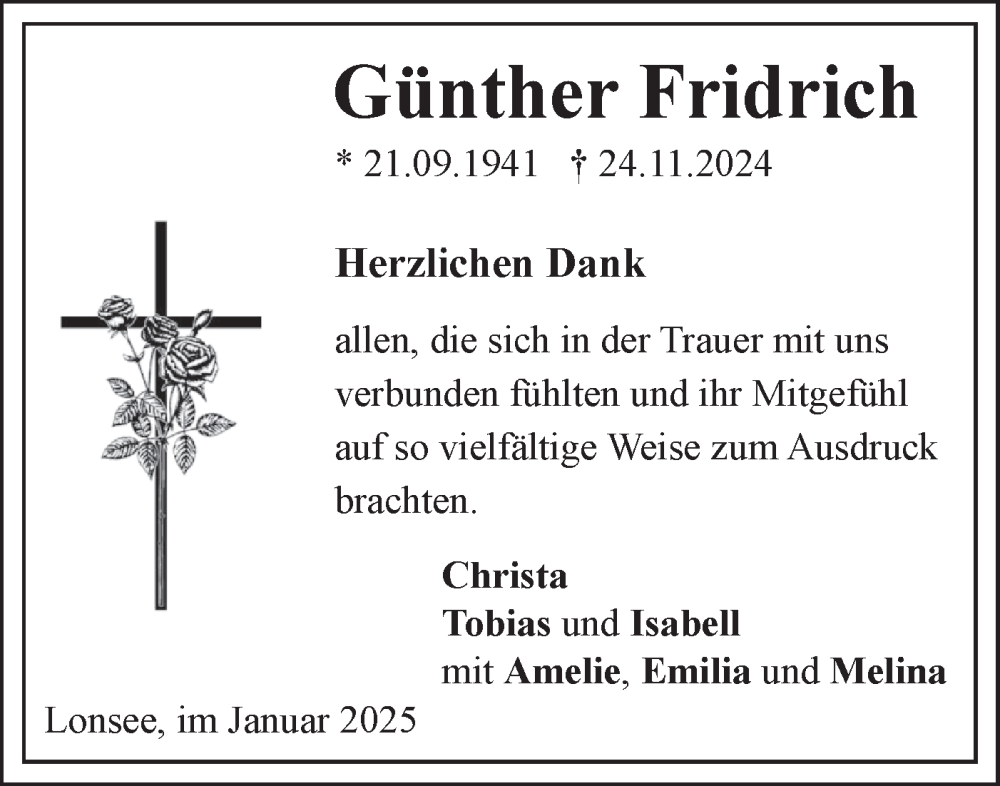  Traueranzeige für Günther Fridrich vom 09.01.2025 aus Geislinger Zeitung