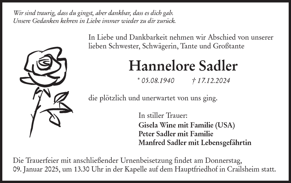  Traueranzeige für Hannelore Sadler vom 04.01.2025 aus Hohenloher Tagblatt